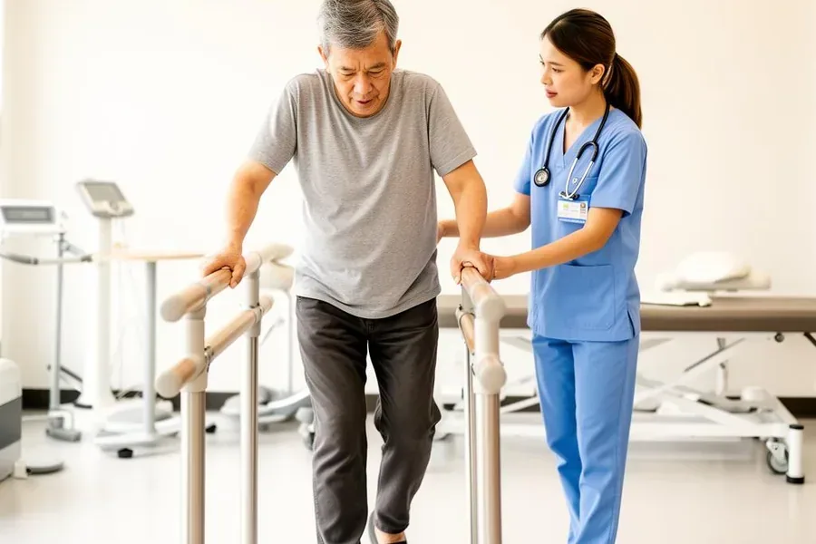 ผู้ป่วย Stroke กำลังฝึกเดินกับนักกายภาพบำบัด — ศูนย์ฟื้นฟูแสนปิติ